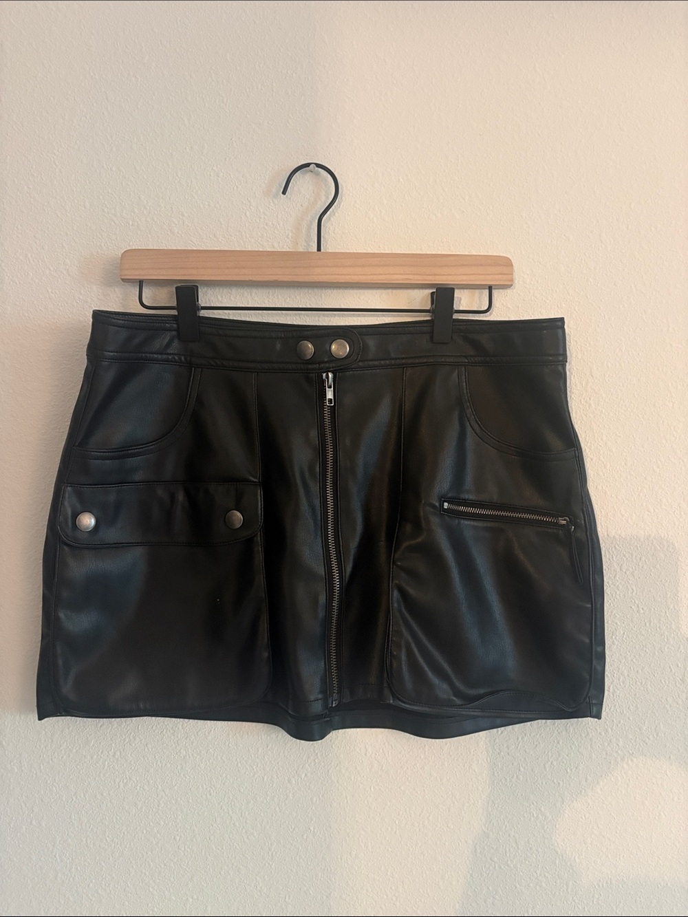 Black Faux Leather Mini Skirt with Front Pockets